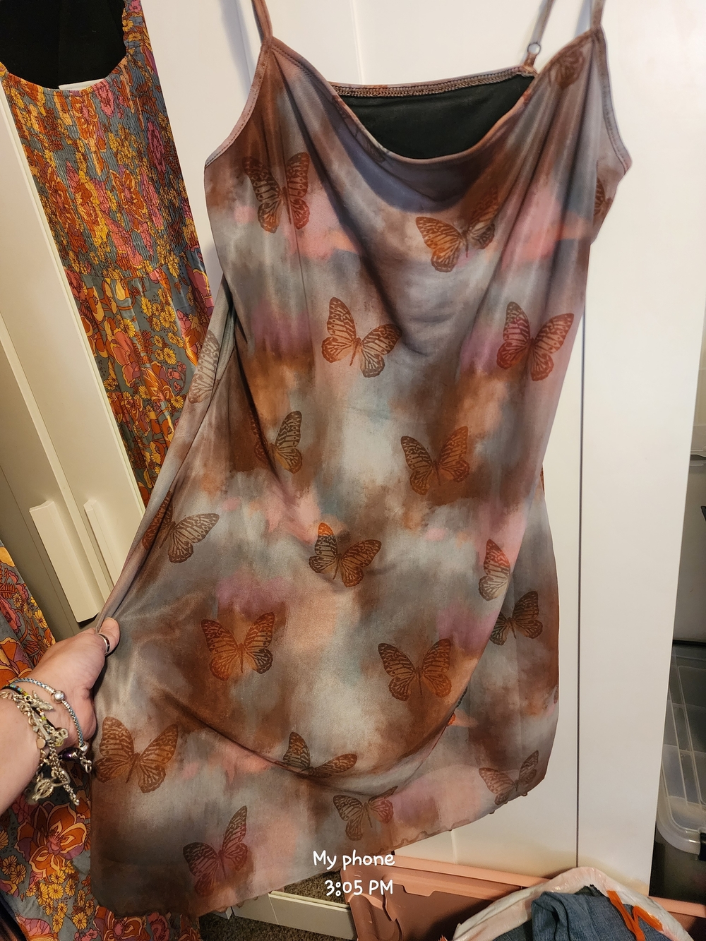 Butterfly Print Satin Cowl Neck Slip Tank Top - Brown Multi
